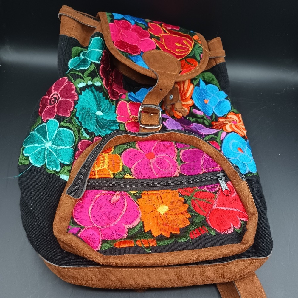 Faux Vegan Suede Backpack Bright Aqua Purple Pink Blue Floral Embroidered ETHNIC